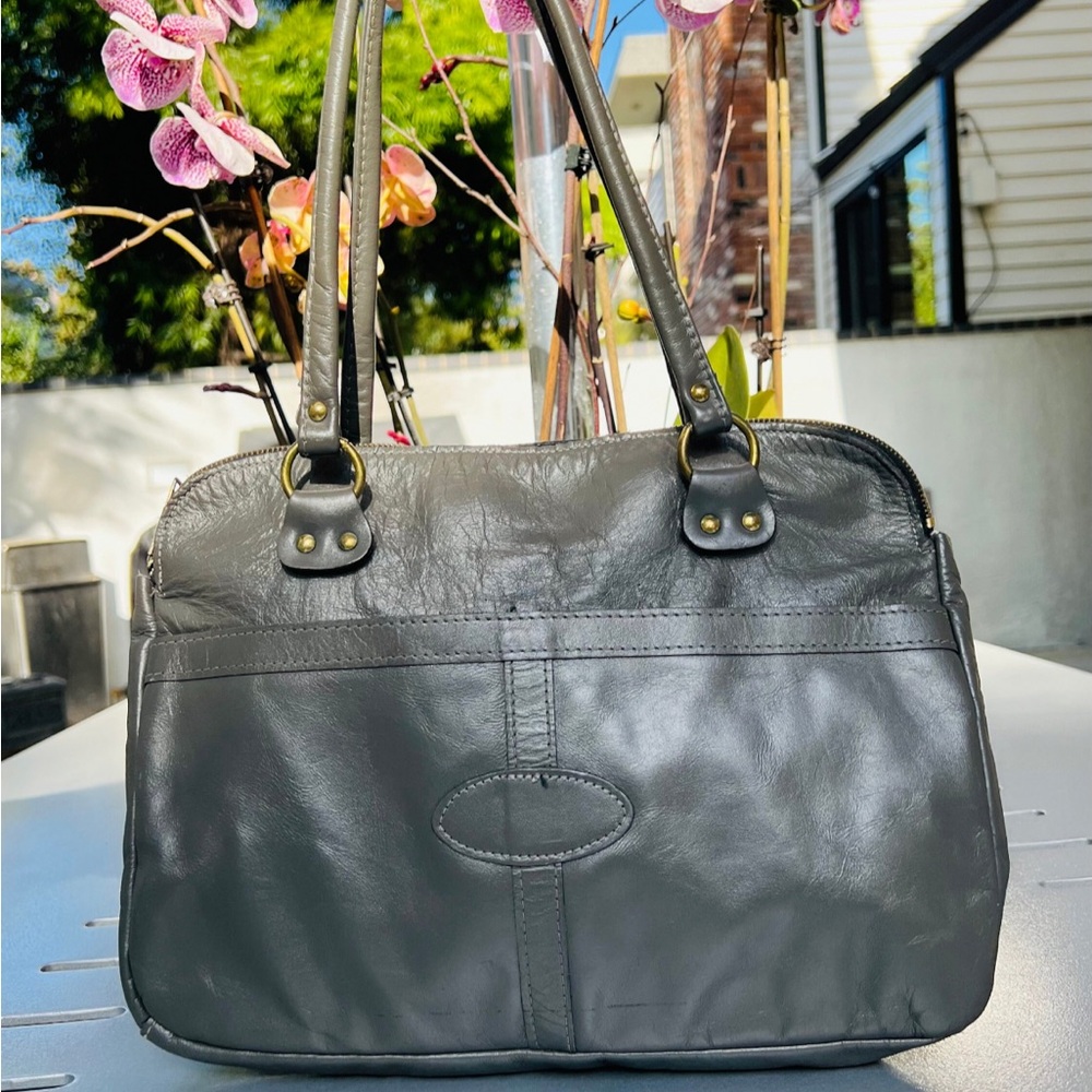 Vintage Shoulder Bag, Gray Leather, IPad Case, Purse, Brass Hardware